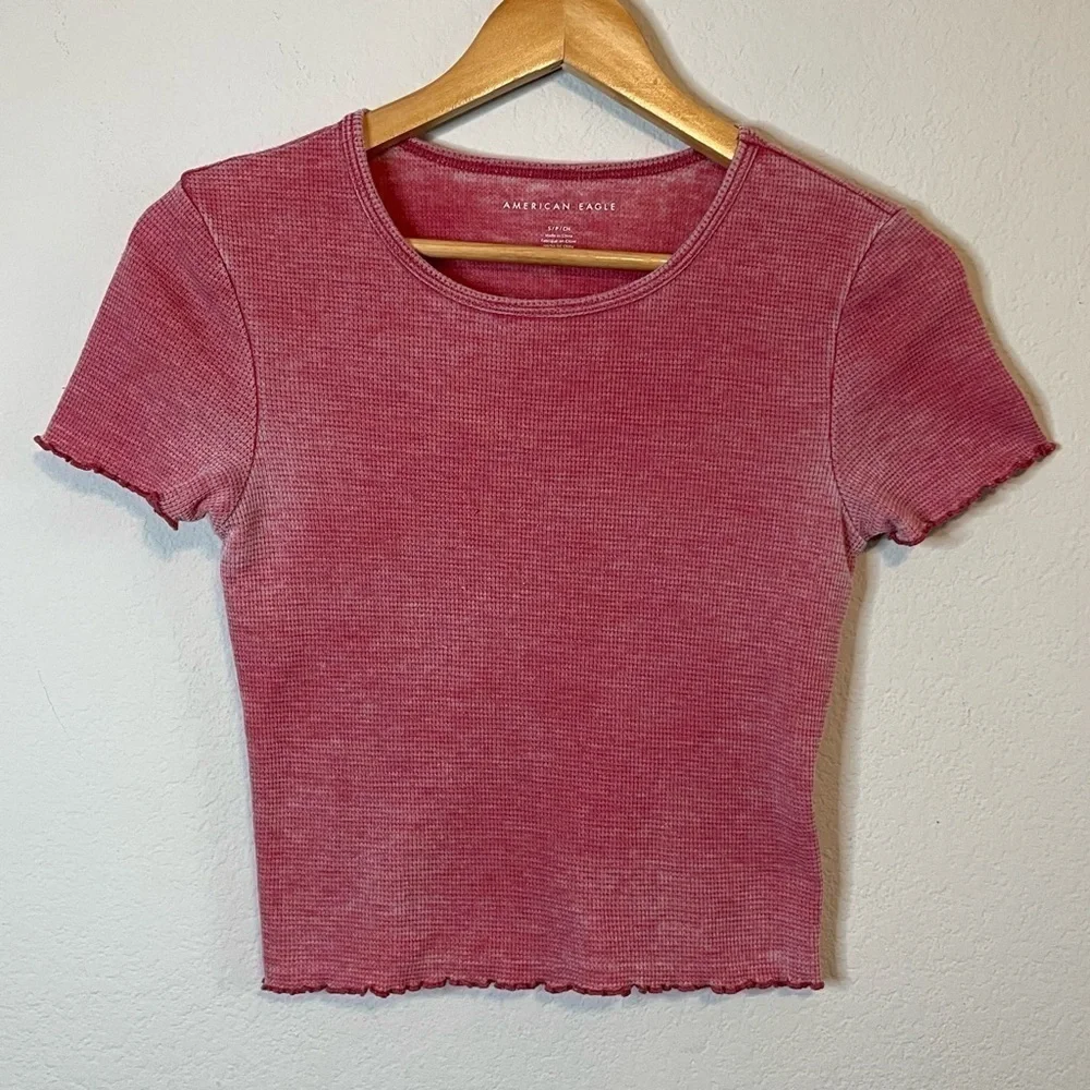 American Eagle Burnout Red Waffle Baby Tee Short Sleeve Lettuce Hem Size Small